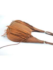 Women Hobo Crossbody Shoulder Bag,Curved Crescent Shape Suede Leather Fringe Tassel Silver Rivet,Adjustable Strap Bohemian Style Daily Travel - Multicolor - View 5