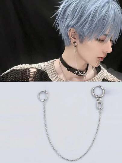 1pc Stainless Steel Fake Lip Piercing With Chain Hoop, Anime Style Lip Clip Lip Ring Ear Jewelry, Body Accessory