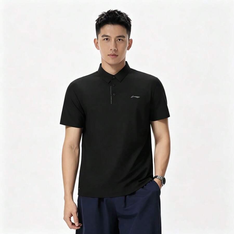 LI‑NING Men Fitness Polo Shirt Ice‑Feel Moisture‑Wicking Short Sleeve APLW315 - Black - View 1