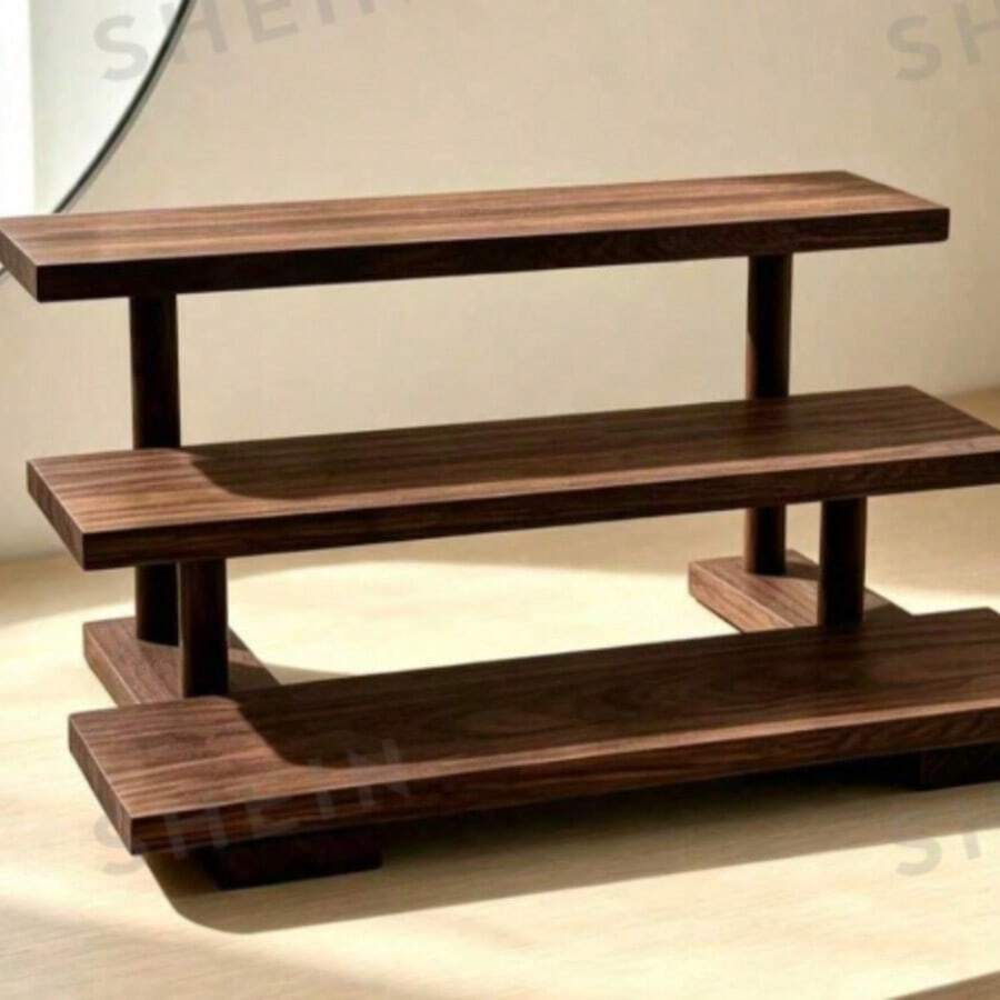 1pc Vintage Desktop Wooden Perfume Cosmetic Storage Rack Solid Wood Cosmetic Storage Rack Multi-Layer Display Rack Desktop Dressing Tab - Coffee Brown - View 1