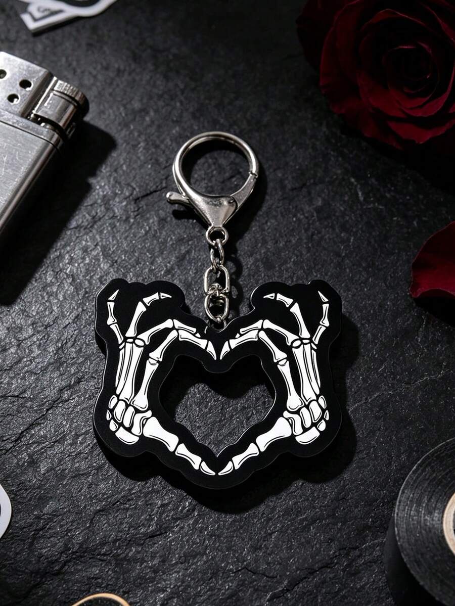 Goth Skeleton Hand Heart Acrylic Keychain, Dark Aesthetic Skull Key Ring, Halloween Punk Bag Charm, Car Key , Gothic Dark Style Keychain Accessories - Multicolor - View 1