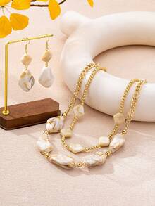 3 Pieces Bohemian Style Vintage Elegant Asymmetrical Geometric Double Layer Necklace And Earrings Set For Women, Suitable For Gifts, Parties, Banquets And Daily Wear - White - View 2