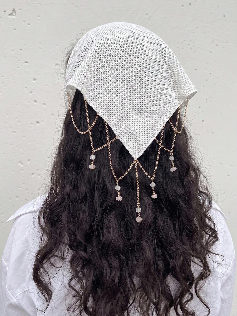1件原創花卉圖案女款刺繡捲邊珠鏈裝飾髮帶,適合日常與度假使用 - 白色 - 查看 1
