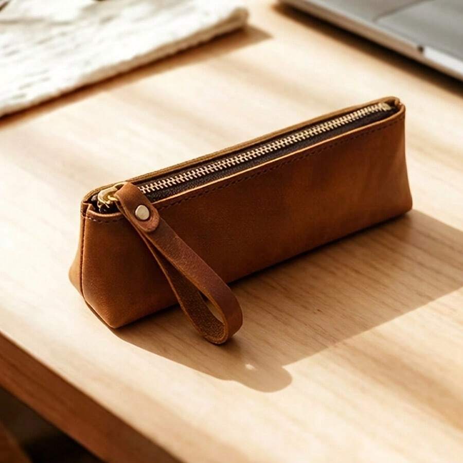 1pc Vintage Distressed Pencil Case, Minimalist Zipper Large Capacity Storage Bag, Artistic Student Office Leather Stationery Pouch