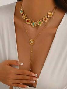 1Pc Alloy Double Layer Stackable Choker, Colorful Rhinestone Flower Y‑Drop Necklace, Retro Atmosphere Jewelry For Women Party - Gold - View 4