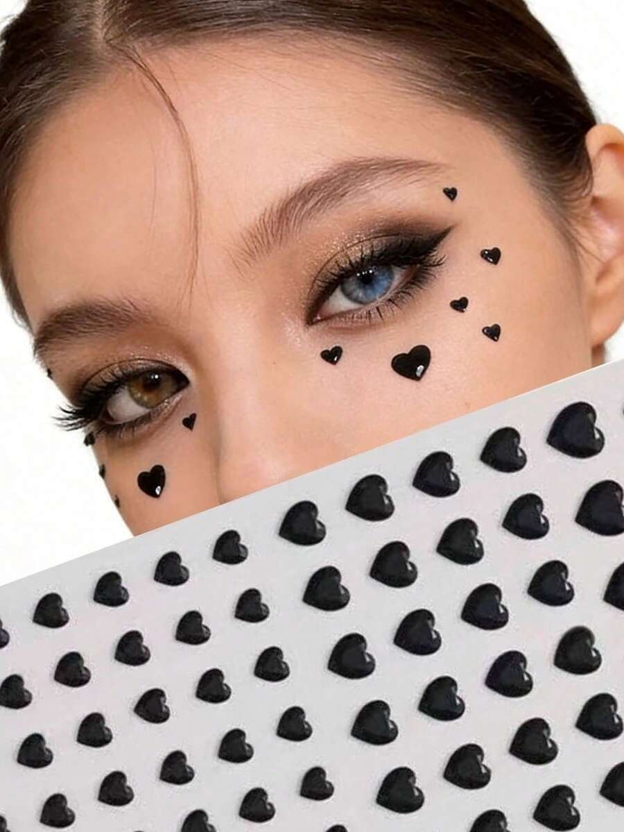 1pc Black Heart Dark Makeup Decorative Sticker, Black Round Rhinestone Face Gem, Suitable For Halloween Party, Haunted House, Comic-Con Cosplay, Disco Stage, Under Eye & Cheek Embellishment For Sweet-Gothic Ghostly Makeup, Niche Gothic Style Atmosphere Creative Makeup Face Sticker For Halloween - Black - View 1