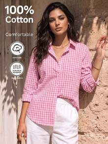 Women's Spring Autumn All-Season Versatile Casual Daily Plaid Long Sleeve Cardigan Shirt, Back To School Outing Boho Casual Outing Versatile Pink - Pink - View 1