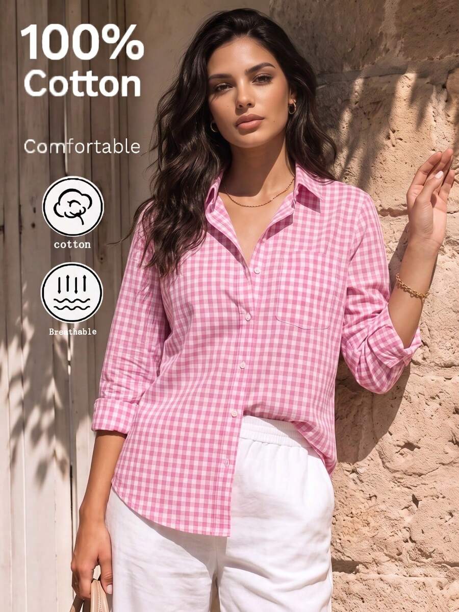 Women's Spring Autumn All-Season Versatile Casual Daily Plaid Long Sleeve Cardigan Shirt, Back To School Outing Boho Casual Outing Versatile Pink - Pink - View 1
