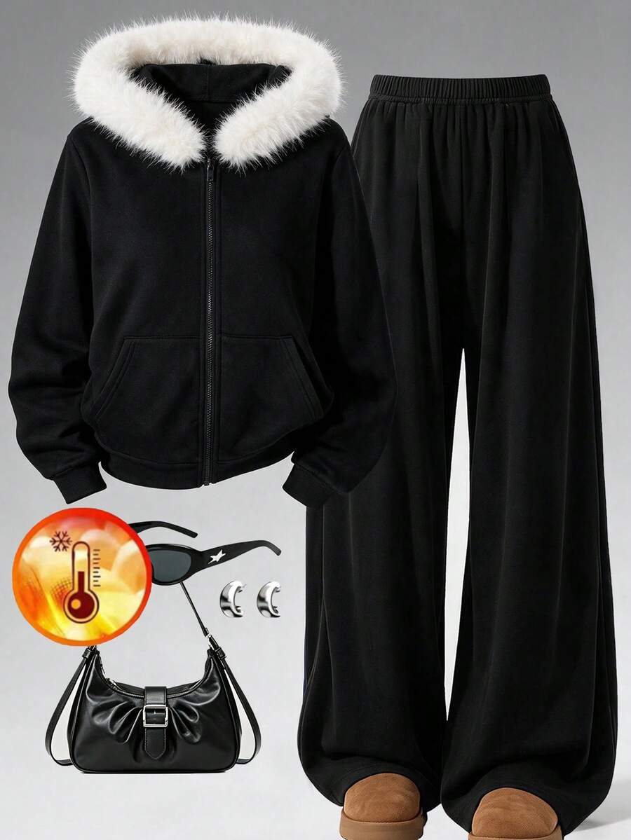 Lurzo 2pcs/Set Teen Girls Y2K Fuzzy Collar Hooded Zip-Up Set, Fuzzy Lining For Heat Retention, Comfortable And Warm, Autumn/Winter Essential - Black - View 1