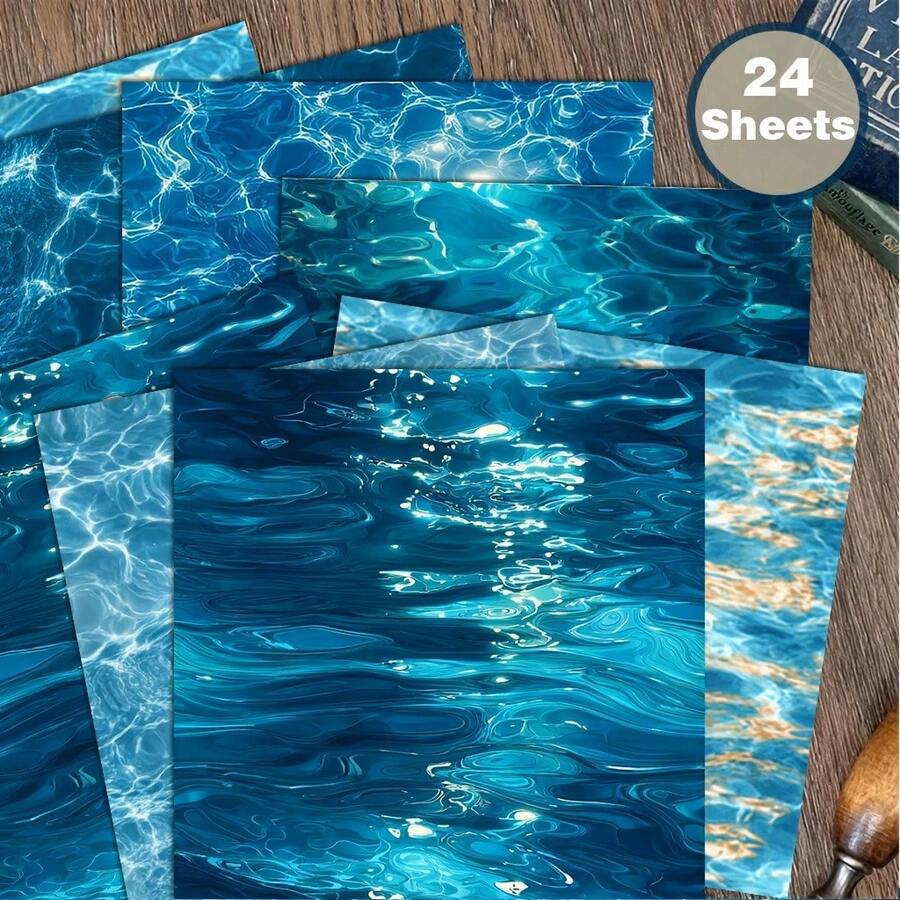 24 Sheets 6*6 Inch Fresh Ocean Water Ripple Scrapbook/Journal Paper, Ice Blue Light & Shadow Transparent Elements Suitable For Collage, Origami And Journaling Materials, DIY Paper, Handmade Scrapbook, Bullet Journal, Greeting Cards, Gift Wrapping And Home Decor - Square - View 1