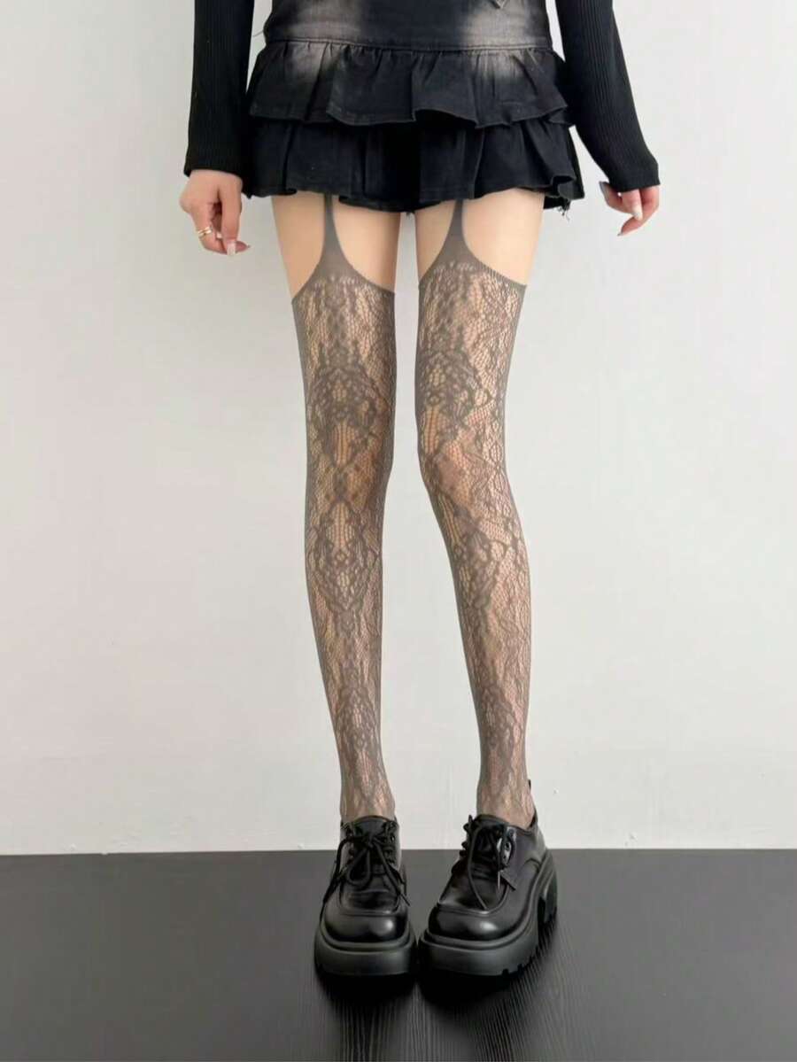 1 Pair Women's Spring/Summer Thin Sexy Hollow Mesh Fishnet Pantyhose, Versatile Party Stockings - Grey - View 1