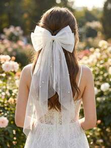 1 White Large Bow Silk Hair Clip With Faux Pearl Decoration, With Long Ribbon Tail, Suitable For Wedding Party Bridal Hair Accessories - White - View 6