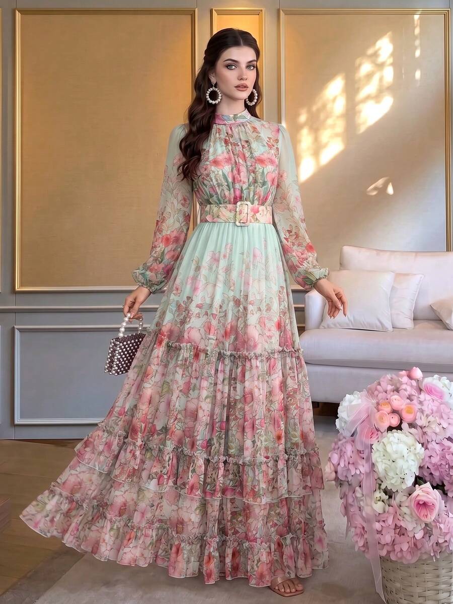 Women's Elegant Modern Romantic Floral Long Sleeve Ruffle Patchwork Design Slimming Elegant Dress - Mint Green - View 1