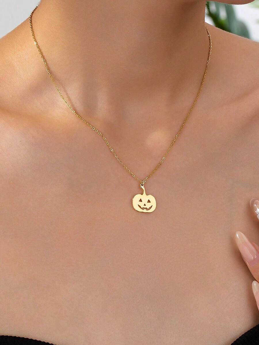 1 Pc Fall Season Halloween Pumpkin Pendant Necklace For Women - Gold - View 1