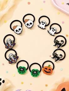 12PCS Halloween Hair Ties For Girls, Ghost Skull Pumpkin Spider Web Elastic Hair Bands For Halloween Party,Kids Hair Accessories - Multicolor - View 2