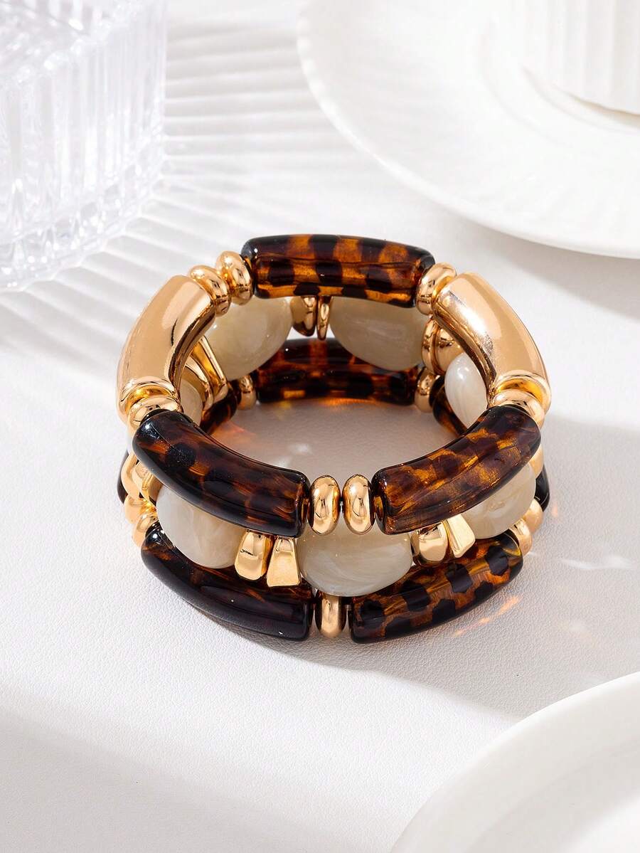 3pcs Pink Resin Bead Bracelet Set - Women's Stackable Gold Asymmetrical Leopard Print Elastic Bracelets, Bohemian Layered Jewelry Gift - Multi-color Leopard Print - View 1