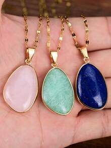 1pc Exquisite Natural Stone Pendant Necklace, Fashionable Gold Stainless Steel Chain, Celestite & Lapis Lazuli Pendant Choker - Multicolor - View 3