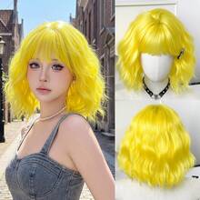 12 Inch Yellow Short Bob Curly Wigs For Women Soft Silky Heat-Resistant Synthetic Fiber Wigs For Daily Or School, Use, Perfect For Holidays Music Festivals Celebrations, Sakura Celebration,Graduation Gift & Gift For Friend' S Wig Accessory - Multicolor - View 12