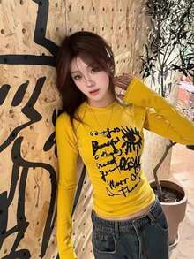 美式辣妹風黃色方領長袖T恤，小眾設計修身顯瘦短版女款打底上衣 - 黃色 - 查看 2