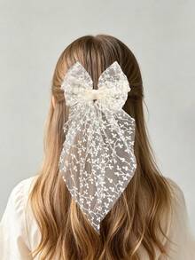 1pc Girls White Lace Embroidered Cute Elegant Long Tail Bow Veil Hair Clip Children Hair Accessory - Multicolor - View 10
