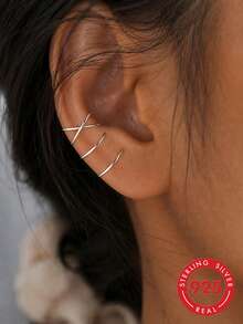 1 Pair S925 Sterling Silver Minimalist Cold Style Double Layer Ear Cuffs For Women, Niche Exquisite Cross Line Cartilage Ear Clips, Daily Commute Date Personalized Matching High-End Accessory Gift For Girlfriend Best Friend Earrings - Geometry - View 1