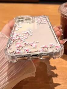 1pc Transparent Four-Corner Flower Phone Case Pink Cherry Blossom Pattern Soft Shell, Minimalist Cute Anti-Drop Protective Cover, Suitable For GALAXY, HONOR, Phones - Clear - View 3