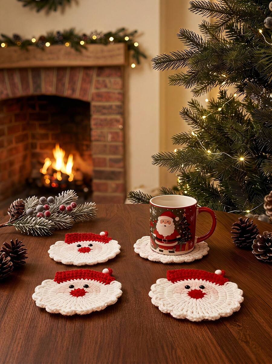 Cirelle Cute Santa Claus Knitted Coasters (With Red Hat Pom-Pom), Adorable Christmas Style Coaster Set, Winter Christmas Table Decor, Perfect For Holiday Kitchen Parties - Multiple Styles - View 1