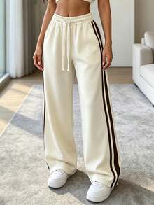 Fall Women Elastic Waist Side Contrast Stripe Wide Leg Sweatpants, Relaxed Fit Daily Casual Track Pants - Apricot - View 3
