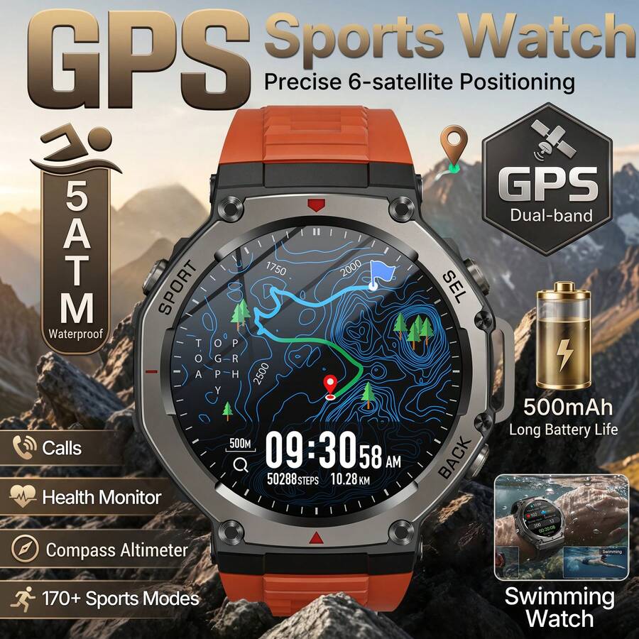 KENPANG Jam Tangan Olahraga Luar Ruangan Pria Hardcore GPS, Jam Tangan Renang Tahan Air 5ATM, Layar AMOLED HD 1,43 Inci, Pemosisian GPS Akurat Terintegrasi, 170+ Mode Olahraga Profesional, Kompas, Altimeter, Barometer, Pelacakan Aktivitas GPS, Panggilan HD Real-Time, Notifikasi Pesan Aplikasi Sosial, Baterai 500mAh, Casing Paduan Tahan Guncangan, Pelacak Kebugaran Pria, Kompatibel dengan iOS dan Android