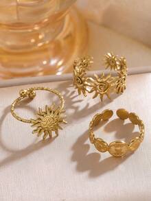 3pcs Flame Sun Pattern Gold-Plated Stainless Steel Ring Set, Open Women's Gold Rings, Jewelry For Women, Rust-Proof Rings For Summer And Autumn, Holiday Gift For Girlfriend - 3pcs - View 5