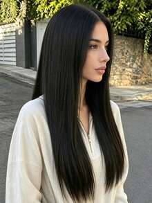 28 Inch Black Middle Part Long Straight Women's Wig, Elegant Straight Hair Wig, Natural Flow, Comfortable To Wear, Suitable For All Women's Daily Wear And Party Occasions,Halloween - Black - View 4