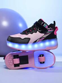 BLSART 1 Pair Kids 2-In-1 Four-Wheel LED Light-Up Roller Skates, USB Rechargeable Adjustable Outdoor Skates, Birthday Gift For Boys And Girls - Black and Pink - View 4