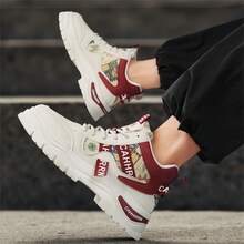 Men's Fashion Lace‑Up Platform Casual Sneakers, Colorful Geometric Patchwork Contrast Trim, Work‑Inspired Dad Shoe Style For Walking Running Driving - Red - View 2