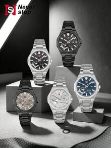 Never-Stop Men's Quartz Watch Octagonal Vertical Stripe Calendar Small Dial Metal Steel Band Business Men's Watch Multi-Color Suitable For Daily Wear And Various Holiday Gifts - one-size - View 1