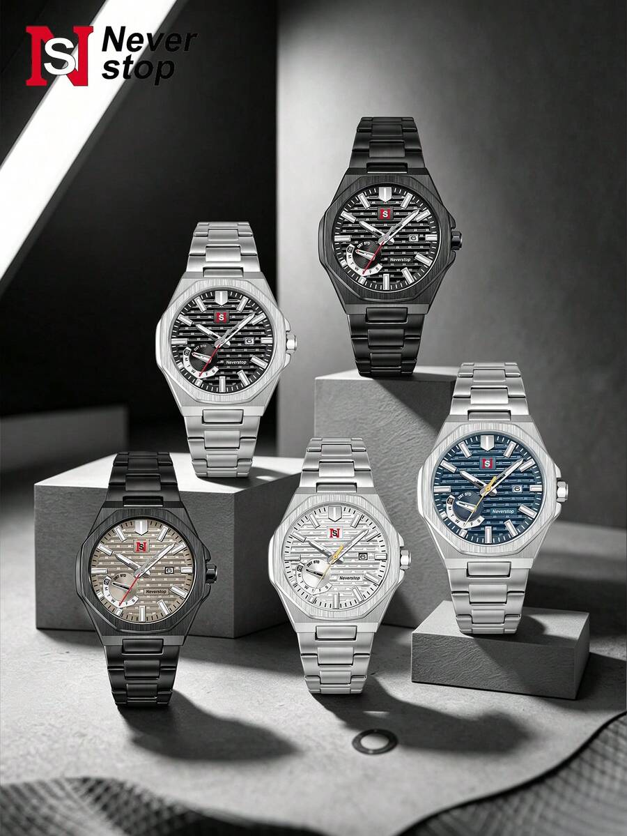 Never-Stop Men's Quartz Watch Octagonal Vertical Stripe Calendar Small Dial Metal Steel Band Business Men's Watch Multi-Color Suitable For Daily Wear And Various Holiday Gifts - one-size - View 1