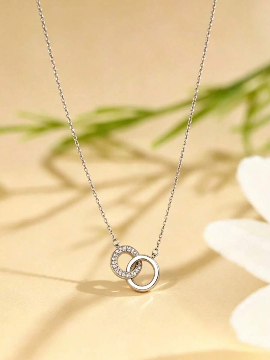 1pc Silver Luxury Roman Numeral Double Ring Pendant Necklace Women's Round Jewelry - Silver - View 1