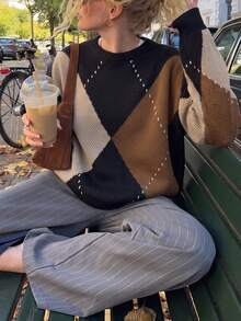 Women's Vintage Argyle Knit Long Sleeve Crew Neck Pullover, Suitable For Autumn/Winter Wear - Multicolor - View 7