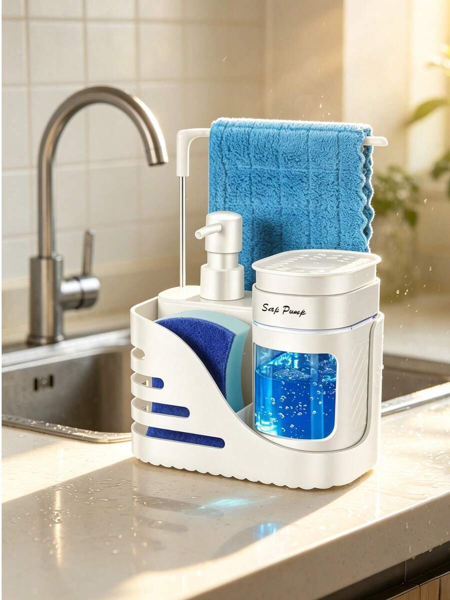 Kitchen Dish Soap And Dishwashing Liquid Set With Sponge Holder And Towel Rack, 4-In-1 Kitchen Sink Countertop Soap Dispenser Pump, Practical Kitchen And Bathroom Gadget, Creative Kitchen Soap Dispenser, Kitchen Storage Organizer, Modern Home Decor, Practical Holiday Gift