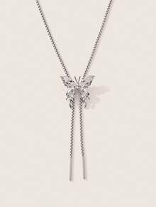 Valisandre 1pc Simple & Fashionable & Personalized Metallic Silver Choker Necklace With Butterfly Pendant, Adjustable Length & Multiple Wearing Styles, For Women - Silver - View 4