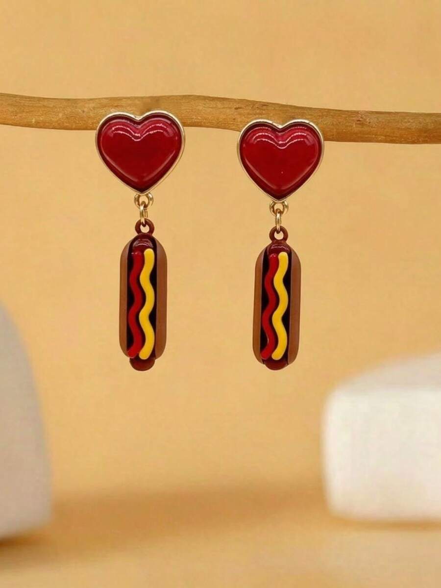 1 Pair Fashionable Cute Realistic Food Hot Dog Shaped Women's Earrings, Suitable For Daily Wear, Parties, Gatherings, Music Festivals, Vacation Outfits - Multicolor - View 1