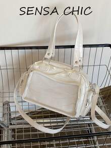 Handbag, Glossy Square Ita Bag With Transparent Display Compartment And Delicate Bowknot Accent, Multiple Zipper Pockets For Enhanced Storage, Comes With Handle And Long Shoulder Strap, Switch Between Hand-Carry And Crossbody, Fresh Girly Style, Suitable For Anime Conventions And Daily Outings - White - View 8