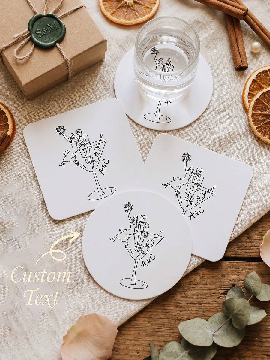 1/12/24pcs Custom Personalized Wedding Coasters,Custom Initials Monogram Coaster, Bridal Shower Wedding Reception Table Decor Favor Supplies For Guest - Multicolor - View 1
