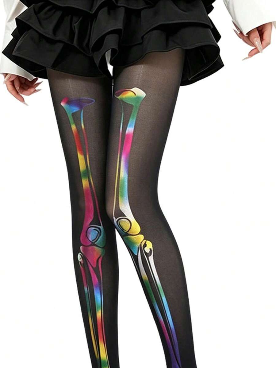 Halloween Print Knee High Socks, Multiple Patterns, Dark Style Outfit, Cosplay, Basic Socks, Halloween Socks - Black - View 1