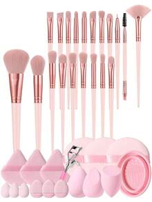 37Pcs/3pcs Multi Color Makeup Tool Set Makeup Brushes Eyelash Curler Wash Bowl Triangle Puff Finger Puff Makeup Sponge Mini Makeup Sponge Makeup Remover Powder Puff For Foundation Blush Contour Eyeshadow Blending Dry Wet Use - Pink - View 1