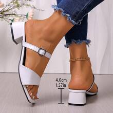 Women's White Square Toe Chunky Heel Sandals, Metal Buckle Decor, Comfortable Versatile Mid-Heel Sandals For Commute, Date, Outing - White - View 3
