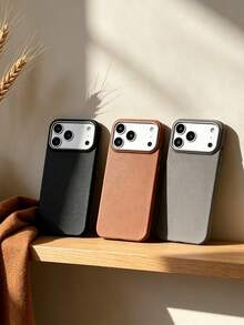 1 Set 3pcs Solid Color Lychee Texture Faux Leather Large Window Phone Case Covers, Black / Caramel Brown / Premium Gray Minimalist Solid Color Leather Texture Full Coverage Protective Shell, Raised Camera Frame Anti-Drop Anti-Slip Soft Shell, Business Commute Premium Style, Autumn/Winter Bestselling Phone Case, Suitable For Personal Use, Birthday Gift Choice; Compatible With IPhone Case & Galaxy Case, Compatible With IPhone 17/17 Pro/17 Pro Max - Multicolor - View 4