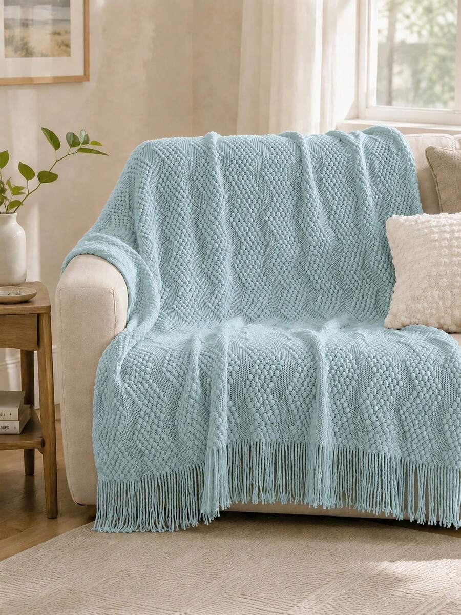 Comfortable Knitted Blanket With Ruffle Detail, All-Season Use, Multi-Purpose Comfort, Suitable For Camping, Sofa, Sunbathing And Napping, Essential Ruffle Knitted Blanket For Camping, Camping Blanket - Bubble Wavy Light Blue - View 1