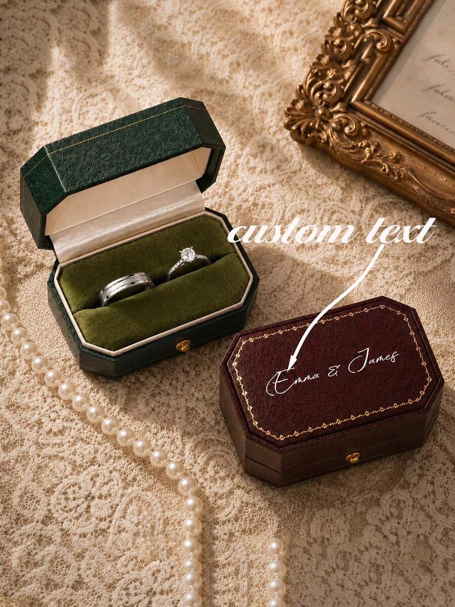 Personalized Octagonal Ring Box, Vintage Leather Style, Can Hold Two Wedding Rings,And Can Be Customized With The Couple's Names As An Engagement Gift - Multicolor - View 1