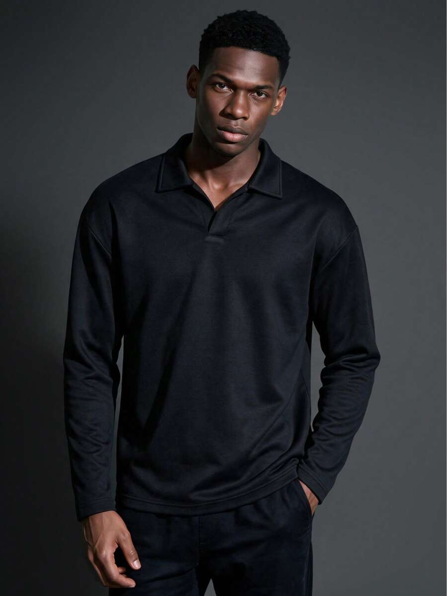 Camvyn Men's Casual Versatile Loose Drop Shoulder Crew Neck Sweatshirt, Autumn/Winter - Black - View 1