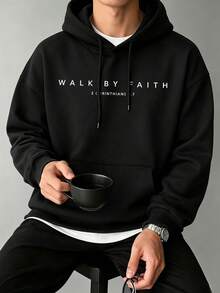 Hoodie Pria Motif Retro Musim Gugur/Dingin, dengan Cetakan Tulisan "Walk By Faith", Sweatshirt Pullover Kasual Longgar dengan Kantong Kanguru - Hitam - View 4